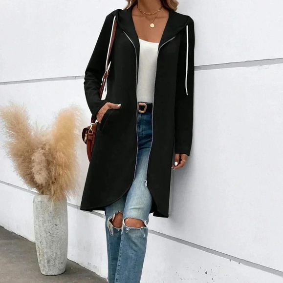 Up Drawstring Hooded Slant Pocket Zip Up Drawstring Hooded Coat - Picture 4 of 4